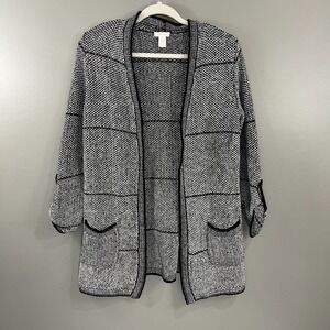 Chico's Cardigan Sweater Womens Sz 1 Black White Knit Pattern Open Front pockets